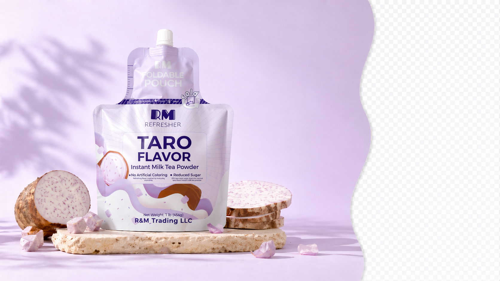 Taro flavor slide with taro root and a lavender wave accent